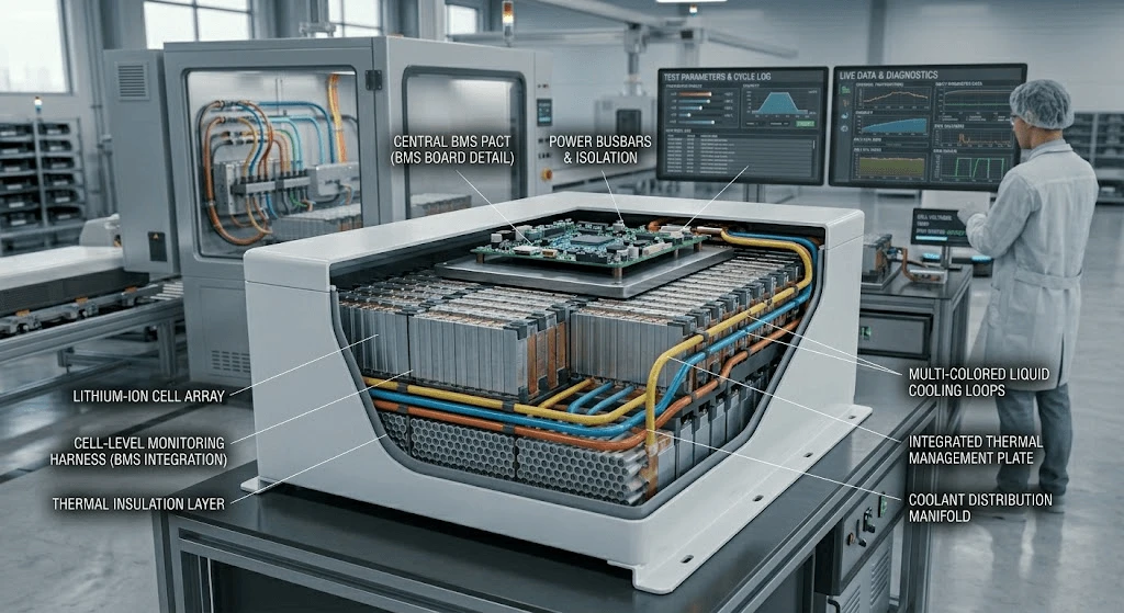 12V 100Ah LiFePO4 battery internal configuration with Tier 1 prismatic cells and 100A BMS 12V 100Ah LiFePO4 battery internal configuration with Tier 1 prismatic cells and 100A BMS